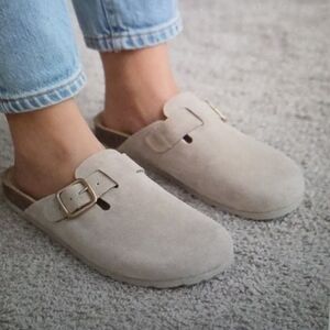 AUTENTI Suede Mule with Decorative Buckle - Light Beige Size 38